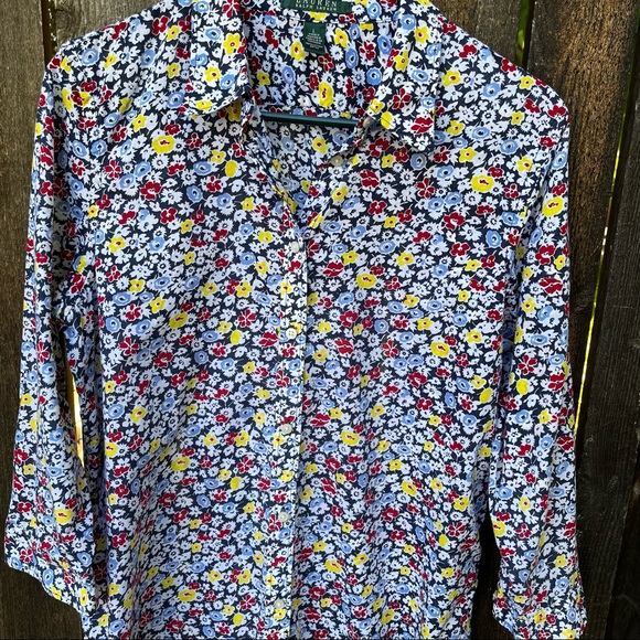 Lauren Ralph Lauren Floral 100% Cotton 3/4 Sleeve Button Down Shirt Sz L - Picture 5 of 9